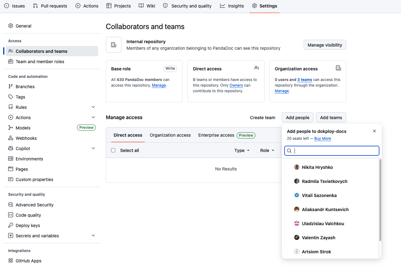 Collaborators and teams settings